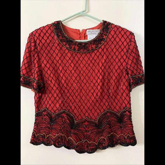 Tops - VTG Papell Boutique Womens Sz L 100% Silk Red Beaded Blouse Holiday Cocktail​​